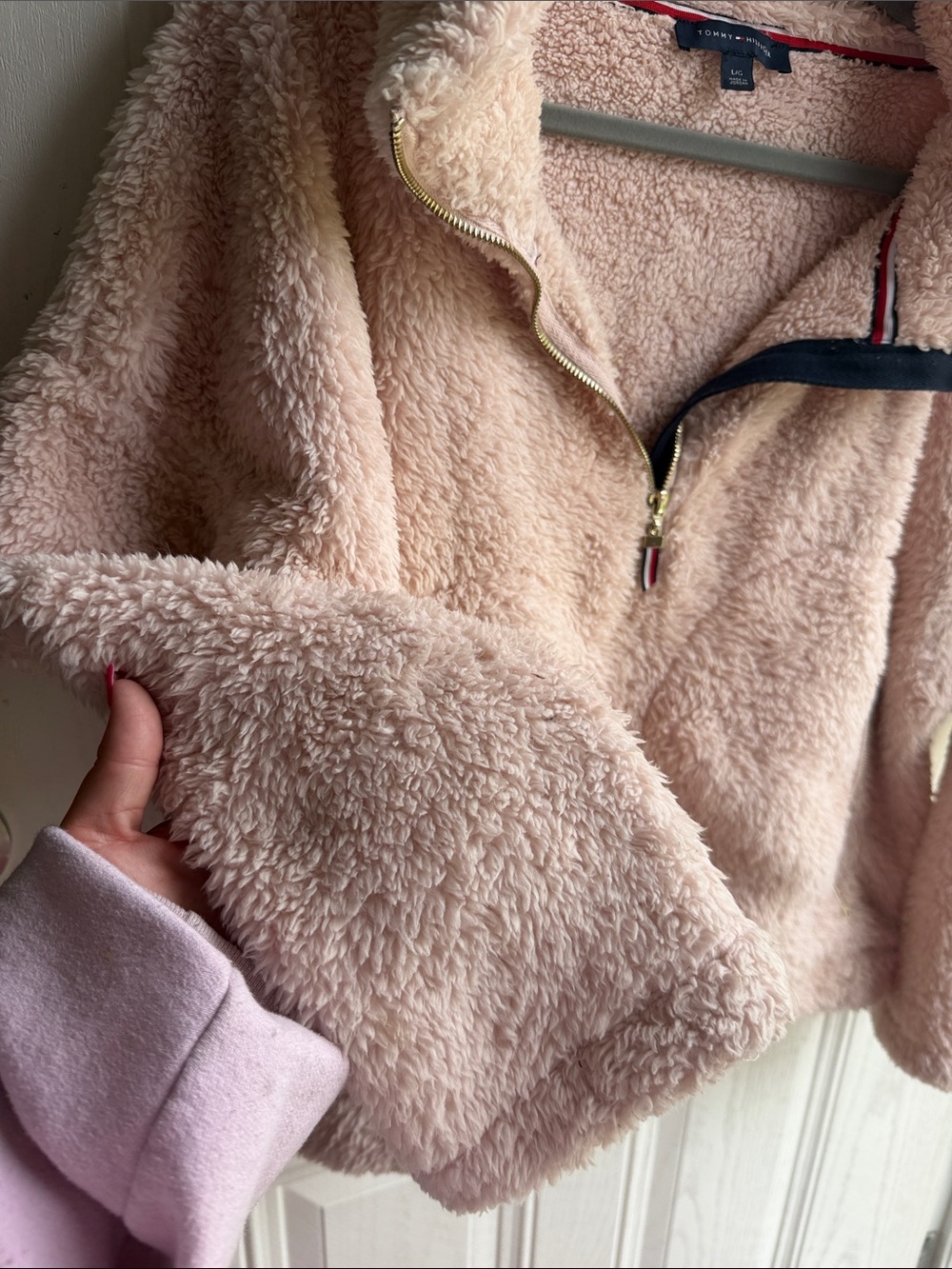 Tommy Hilfiger Blush Pink Teddy Cozy Sherpa Quarter Zip Pullover Size Large - Picture 5 of 8